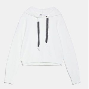ZARA Knit White Hooded Sweatshirt with Beading